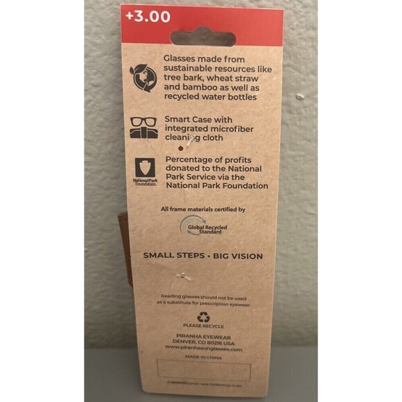Piranha Cascade Natural Earth Bamboo +3.00 Reader w Case & Cleaning Cloth - Picture 3 of 7